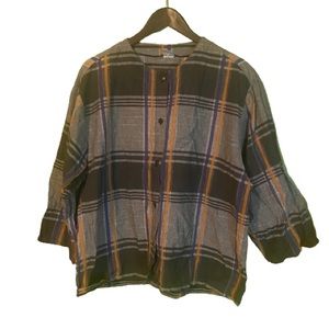 Vintage grey, purple, mustard cotton plaid button up top with 3/4 sleeves